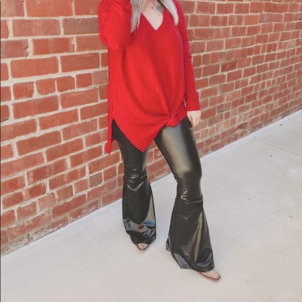 Black leather flare bottom